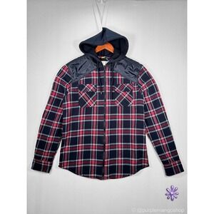 RAW YARN Hooded Flannel Shirt Jacket Mens L Red Black Plaid Zip Up NWOT